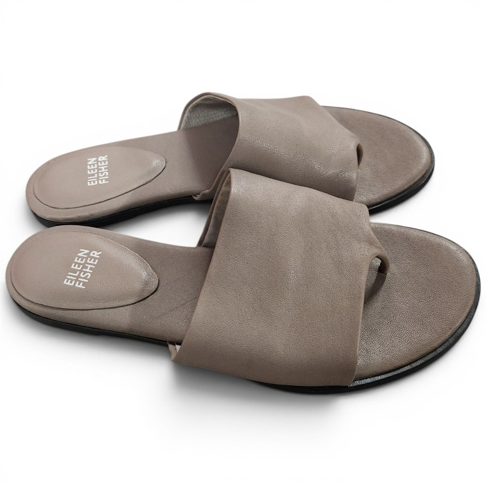Eileen Fisher Edge Nappa Leather Slide Sandals Women's 8 Minimalist Taupe - Picture 2 of 8